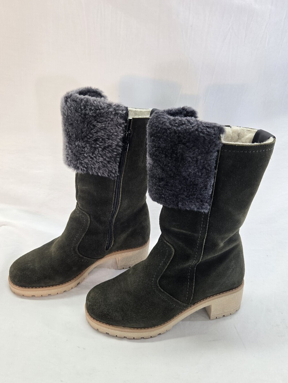 Overland Women's 36 Green Wool-lined Suede Leather Boots Shearling Trim